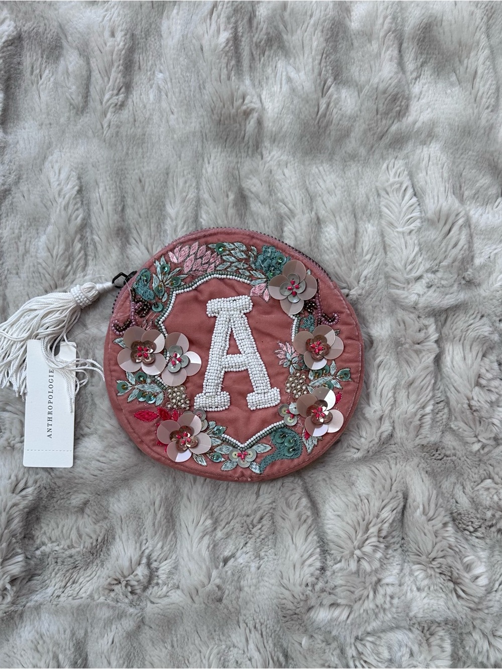 Anthropologie Beaded Monogram “A” Coin Pouch Floral Pink NWT